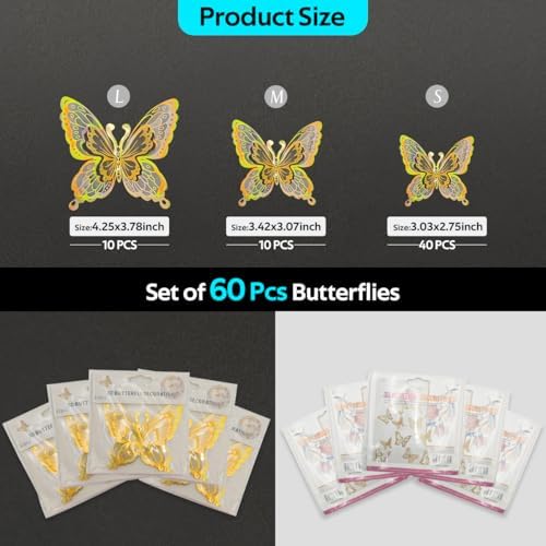 60 Pcs Butterfly Wall Decals - 3D Butterflies Removable Mural Wall Stickers for Home Room Bedroom Door Office Decorations (Gold)