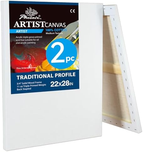 PHOENIX 22x28 Inch 2 Pack Artist Canvas - Extra Large Stretched Canvases for Painting - 3/4 Inch Profile, 100% Cotton 11 Oz. Gesso Primed White Blank Professional Canvas Oil & Acrylic Paints