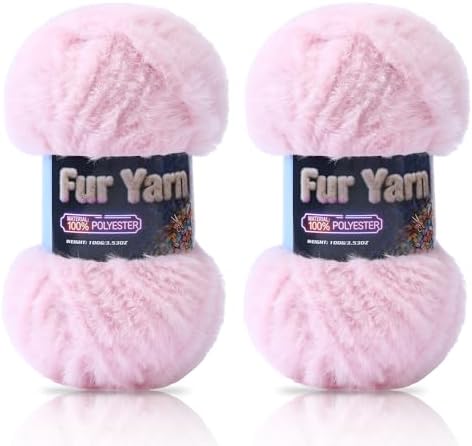 Faux Fur Yarn Soft Fluffy for Crocheting - 2 Skeins(Each 3.5oz/100g, 71yd/65m) - Chunky & Fluffy Yarn for Crochet Amigurumi, Blankets, Hand Knitting, Scarves &Crafts (2, Light Pink)