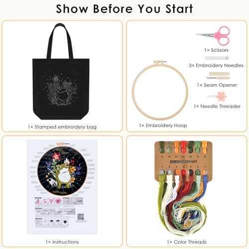 ERKOON Canvas Tote Bag Embroidery Kit for Beginners, Needlepoint Arts Crafts Cross Stitch Kits for Adults Including Stamped Embroidery Bag with Hoops, Needle, Instruction and Color Threads (Frog)