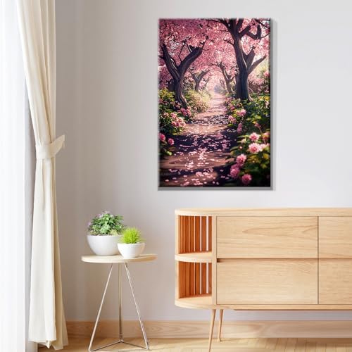 JOOZ Paint by Numbers Kit for Adults Landscape Paint by Number with Frame DIY Cherry Blossom Paint by Number with Easel Flowers Paint by Numbers Kit on Canvas for Gift Home Wall Decor 7.87x11.81 Inch