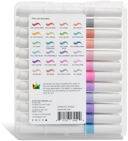 KINGART 24-Piece Pastel Acrylic Paint Brush Tip Marker Set – Flexible Fiber Brush Tips – Smooth Opaque Water-Based Ink for Illustration, Calligraphy, and DIY Crafts – 24 Unique Pastel Colors