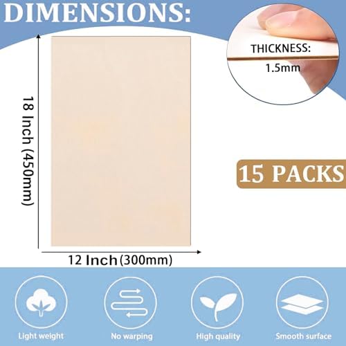 15 Pack 12"x18"x1/16 Basswood Sheets for Crafts- Thin Plywood Sheets - Balsa Wood Sheets -Unfinished Wood Boards for Painting,Laser Cutting,Engraving,Burning and CNC Cutting