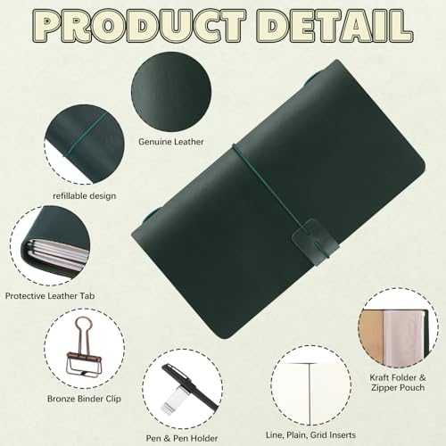 Thenshop Leather Travel Notebook 3 Inserts,Green,Stand Size