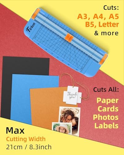 Firbon A5 Paper Cutter, Small Straight Paper Trimmer with Side Ruler | Blue Compact Design | Cuts Photo, Cardstock, Labels & Coupons | Portable Desktop Slicer | Scrapbooking & Craft Projects
