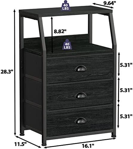 Furnulem Black Night Stand, Small Bedside Table for with 3 Fabric Drawers
