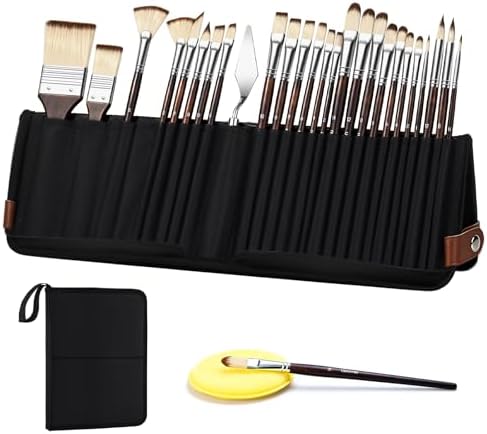 26pcs Paint Brush Set, Professional Paintbrushes with Palette Knife & Self-Standing Case, Nylon Paint Brushes for Acrylic Paint, Oil, Watercolor, Art Supplies for Artists Beginners