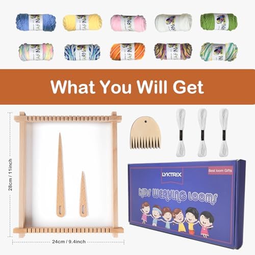 LYKTRIX Weaving Loom for Kids Age 6-12,Small Wooden Weaving Loom Kit,Suitable for Beginners and Children, 9 * 11 inch Knitting Loom Kit Includes Instructions and Enough Yarn 28×24cm