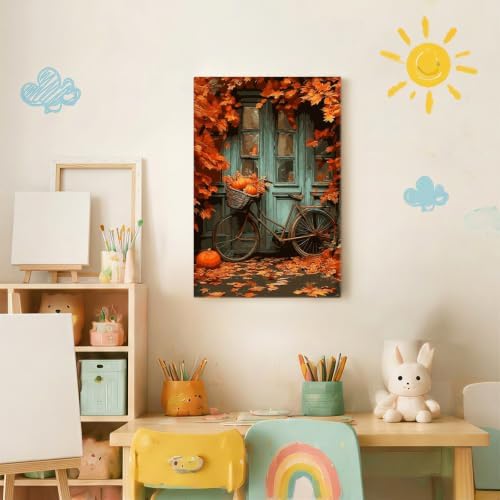 Spandrel Autumn Framed Paint by Numbers Kit for Adult Bicycle, Adult Paint by Number Kits on Canvas Fall Landscape, DIY Acrylic Oil Halloween Painting by Numbers for Home Wall Decor, 8x12in