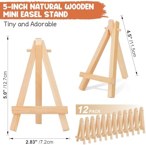 12 Pack 5" Mini Wood Display Easel, Natural Wooden Tripod Holder Stand for Displaying Small Canvases, Business Cards, Photos