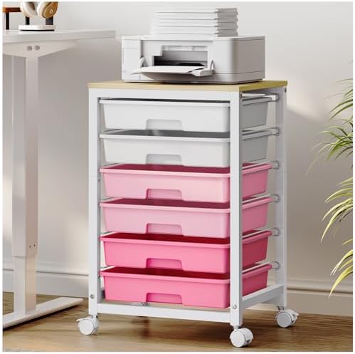 Sykiariol Rolling Cart with 6 Drawers,Pink