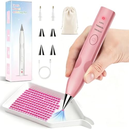 MKLAYB Electric Diamond Drawing Pen Kit, 3 Adjustable Suction Modes Rechargeable Vacuum Diamond Art Diamond Pen with 4 Replacement Heads, No Wax Required 5D Diamond Drawing Tool Accessories (Pink)