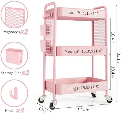 TOOLF 3 Tier Rolling Cart Storage Organizer, Metal Rolling Utility Cart with Wheels, Hooks & Bins Esthetician Craft Art Sturdy Storage with Pegboard for Bathroom, Kitchen, Office, Nursery Diaper