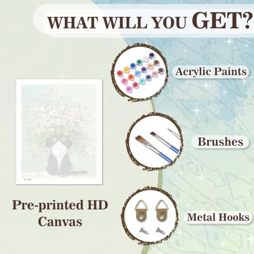 Amaieuin Cat Paint by Numbers Kit for Adults,Canvas Paint by Numbers for Adults,Flowers Cat Paint by Number Adult DIY Flower Painting Kit for Relax Gifts and Home Wall 20x16in