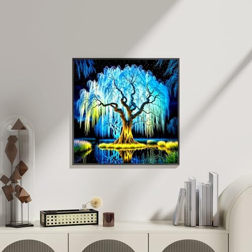 Blue Tree Diamond Art Kits for Adults, 5D Diamond Painting for Adult Beginners, DIY Full Drill Round Gem Painting Dot Art for Adults，Home Wall Decor 13.78x13.78 Inch