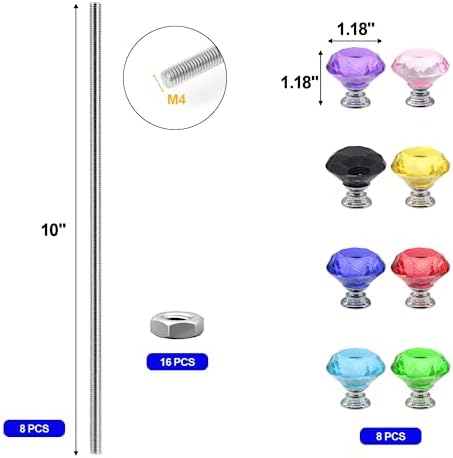 Stainless Threaded Rods with Hex Nuts & Crystal Knobs, 10 Inch Set