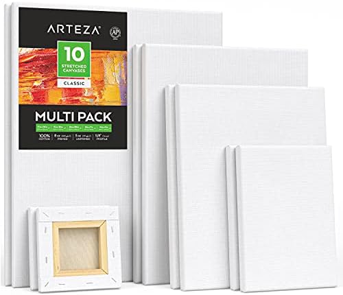 ARTEZA Stretched Canvas Multipack of 10 – 4x4, 5x7, 8x10, 9x12, 11x14 Inch Blank White Canvases for Acrylic, Oil, Gouache – Cotton, Pre-Primed | 4 x 4, 5 x 7, 8 x 10, 9 x 12 and 11 x 14 in, 100% Cotton, Pinewood Bars, 8 oz Acid-Free Acrylic Gesso