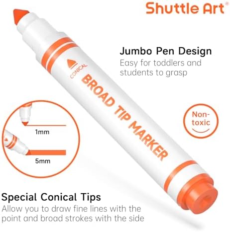 Shuttle Art 120 Count Washable Markers, 10 Assorted Colors Broad Line Conical Tip Large Markers Bulk with a Box, Home Classroom School Supplies for Toddlers Kids Adults Students Teachers