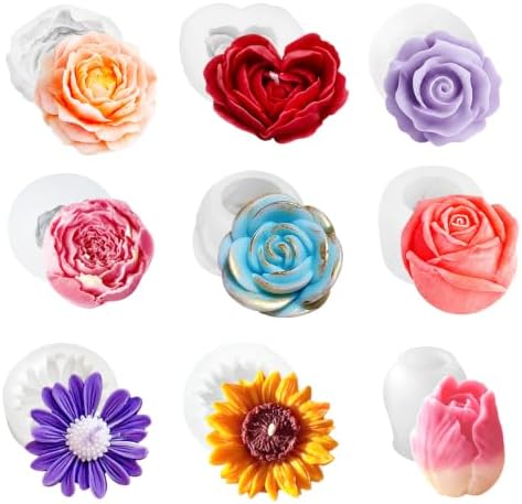 9 Pcs 3D Silicone Flower Molds for Candle Soap Making Cake Chocolate Making