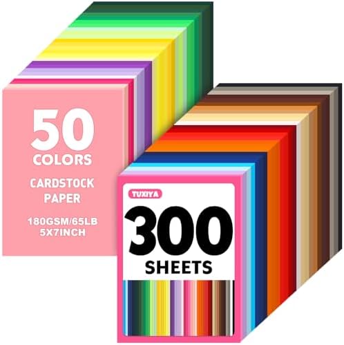 TUXIYA 300 Sheets 5" X 7" Colored Cardstock, 50 Colors Card Stock | 50 Assorted Colors Construction Paper Printer Paper for Printing, Card Making, DIY Crafts, School Supplies,Party 180GSM/65LB