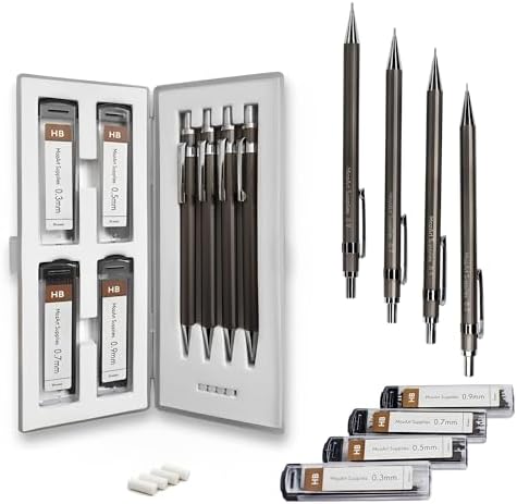 MozArt Mechanical Pencil Set 4 Sizes 0.3 0.5 0.7 0.9mm HB Lead Nickel