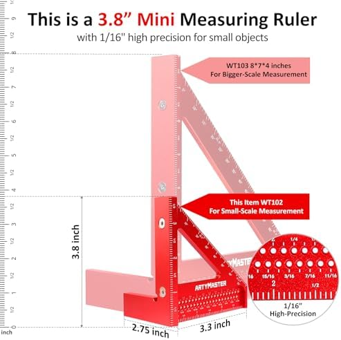 3.8＂Mini 3D Multi-Angle Measuring Square Ruler, WT102A High Precision Hole Scribing Woodworking Tools, 0-90° Aluminum Alloy Carpenter Square Wood Working Tools, Carpenter Pencils 6 Refills.