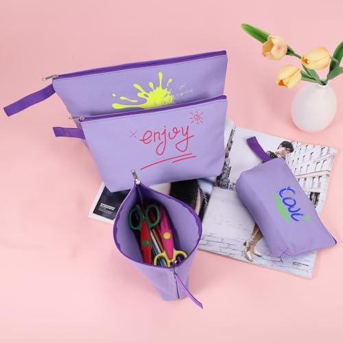10 Pieces Cotton Canvas Makeup Bag with Bottom and Strap, Multi-Purpose Cosmetic Bag with Zipper Travel Toiletry Pouch, Blank DIY Craft Bag (Purple, L)