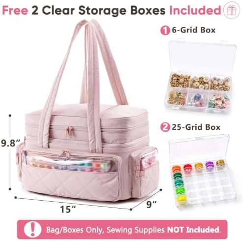 AMOIGEE Puffy Double-Layer Sewing Storage Bag with 2 Clear Organizer Boxes