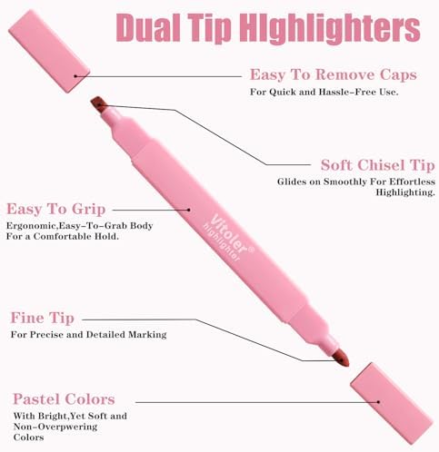 Vitoler Highlighters, Assorted Colors, 8 Pack Dual Tip Pastel Highlighters