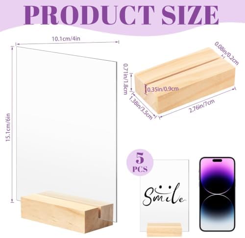 Bercoor 5 Pack 4x6 Inch Blank Clear Acrylic Sign with Wooden Stands, Rectangle Top Acrylic Sheet, DIY Acrylic Rectangle Table Numbers for DIY Name Card Gifts Event Party Sign Decoration