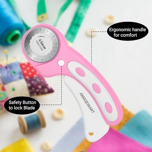45mm Rotary Cutter and Mat Set, Fabric Cutter Wheel and 12x18 Inch Self Healing Sewing Cutting Mat, Fabric Rotary Cutter with 5pcs Rotary Blades for Quilting Patchworking Crafts, Pink