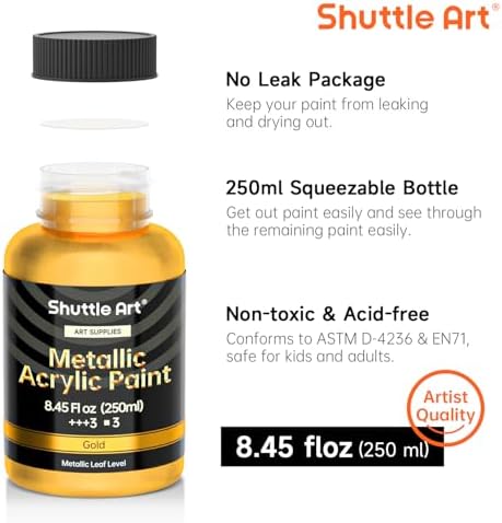 Shuttle Art Metallic Gold Acrylic Paint, 8.45 oz(250 ml) Gold Leaf Paint With Brush, Non Toxic, Non Fading Gold Paint for Crafts, Metal, Wood, Clay, Ceramic, Canvas, Furniture