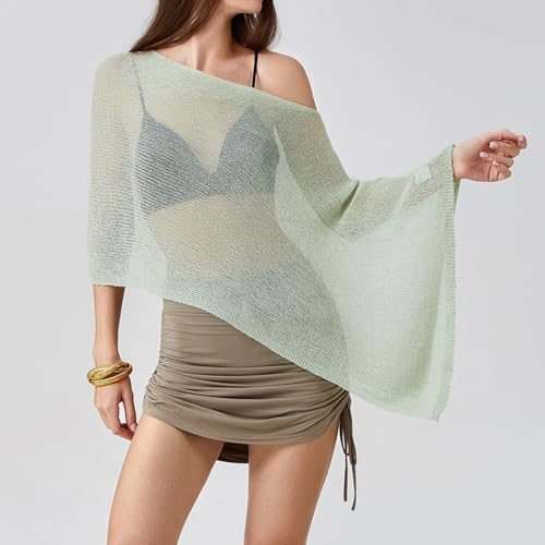 Women Sheer Knit Poncho Top Beach Cover Up Lightweight Crochet Shrug Y2k Summer See Through Shawl