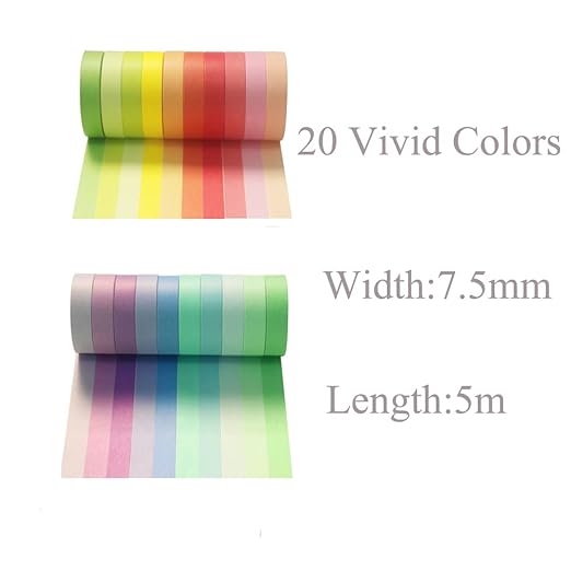 Washi Tape Set 20 Rolls, 7.5 mm Rainbow Colors Thin Decorative Tape