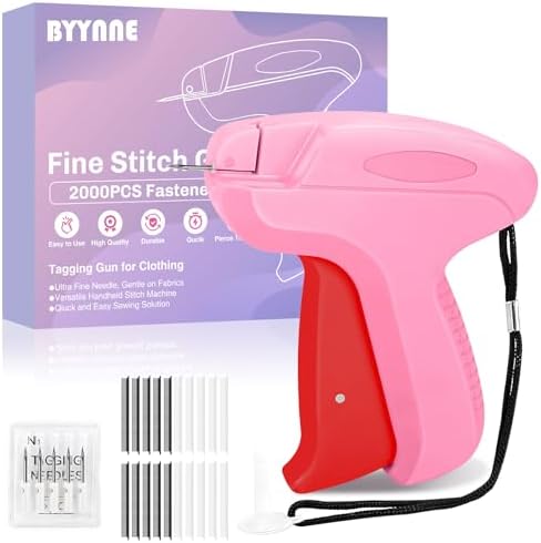 Stitch Gun for Clothes - Handheld Quick Clothing Fixer - Tagging Gun for Clothing, Sewing Kit - Includes 6 Fine Needles, 1000 White & 1000 Black Fasteners (Pink Red)