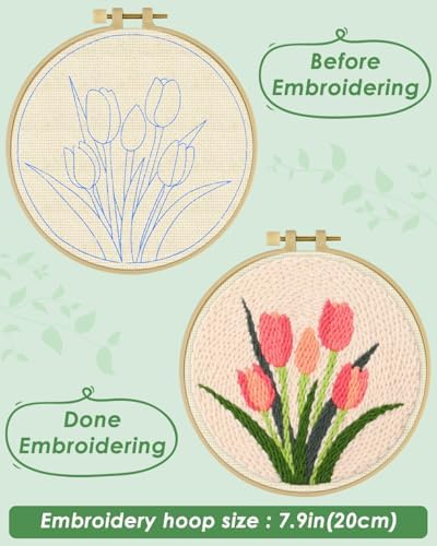 ERKOON Punch Needle Kit Beginners Adults, DIY Easy Flower Embroidery Set for Starter Art Craft, Needling Punching Project with Patterns, Tools, Yarns, Hoop, Instruction (Tulips)