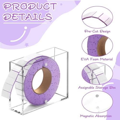 Double Sided Foam Tape Pre Cut 3/4 X 1/2 Inch EVA Foam Adhesive Squares Roll with Acrylic Storage Box 3D Foam Squares for Crafts Arts Sewing DIY Office Supplies (Tape+Box, Purple)