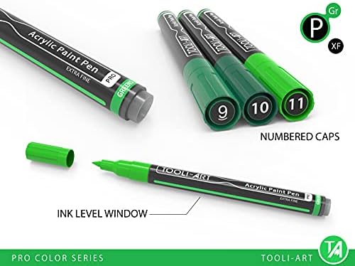 Acrylic Paint Pens 22 Green Tones Assorted Pro Color Series Markers Set 0.7mm Extra Fine Tip for Rock Painting, Glass, Mugs, Wood, Metal, Canvas, Projects, Non Toxic, Waterbased, Quick Drying