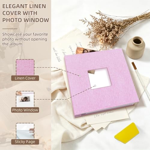 Popotop Photo Album Self Adhesive with Picture Display Window,40 Pages DIY Scrapbooking Supplies Kit for 4x6 8x10 Picture,Linen Cover Memory Book for Baby Wedding, with Scraper and Metallic Pen