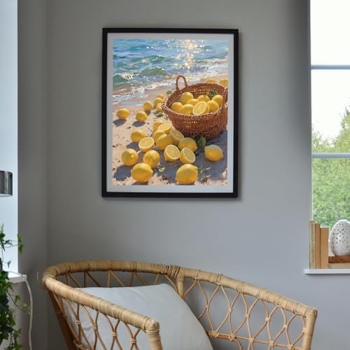 Lemon Paint by Numbers Kit for Adults,DIY Fruit and Beach Scenery Watercolor Painting Kit for Adult Beginners,Unframed Landscape Acrylic Paint by Number Kits Art Craft for Home Wall Decor 16X20 Inch.