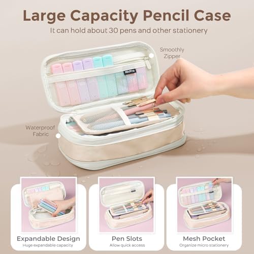 Nicpro School Supplies Stationary Set with Pencil Case, 39 PCS Cream