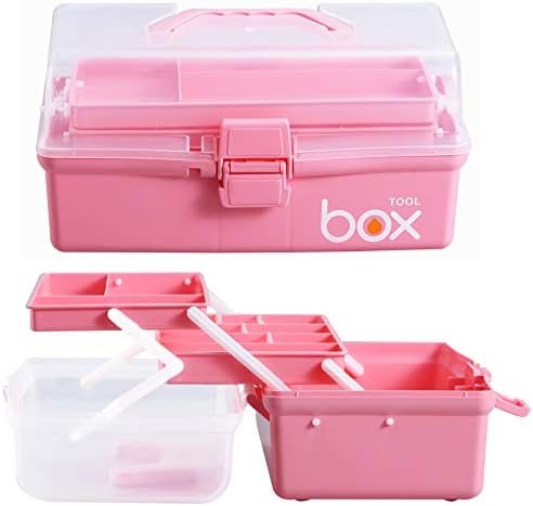 Kinsorcai 2PCS 12'' Three-Layer Clear Plastic Storage Box/Tool Box, Multipurpose Organizer and Portable Handled Storage Case for Art Craft and Cosmetic (Pink)