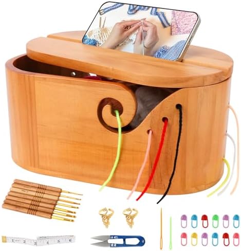 Large Wood Yarn Bowl with Lid Crochet Yarn Holder Knitting Organizer Basket