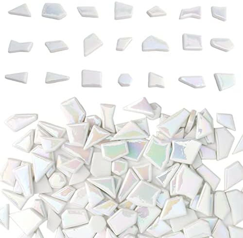 Youway Style Iridescent White Mosaic Tiles for Crafts Bulk,200g White Stained Glass Mosaic Supplies,Broken Glass Pieces for Garden Kit Crafts,DIY Mosaic Art