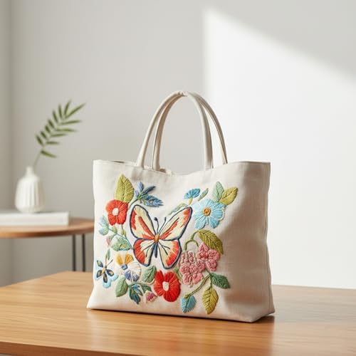 ARTopet Embroidery Tote Bag Kit for Beginners Butterfly Canvas Cross Stitch Handbag with Hoops Needles Threads Reusable Grocery Bag for Women-Butterfly02