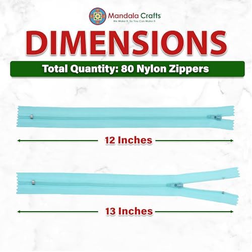 Mandala Crafts 80 PCs Turquoise Closed-End 12 Inch Nylon Zippers for Sewing