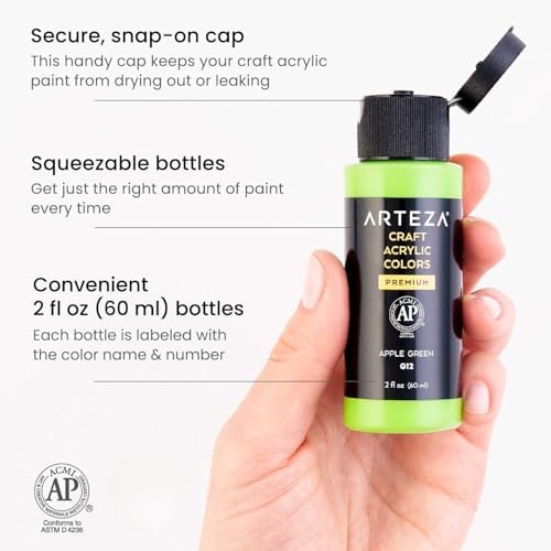 ARTEZA Craft Acrylic Paint, 2 ounce Bottles, Water-Based, Matte Finish Paints, Art Supplies for Glass, Wood, Ceramics, Fabrics, Leather, Paper
