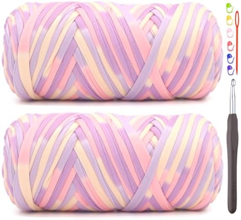 2 Pack Tshirt Yarn for Crocheting,T Shirt Chunky Thick T-Shirt Crochet Yarn for Beginners Crocheting Hand Knitting Bag/Basket/Coasters/DIY Crafts/Home Decor 2 * 200G-Purple Pink