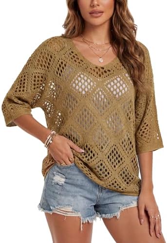 Womens Crochet Top Summer 3/4 Sleeve Cover Up V Neck Boho Tops