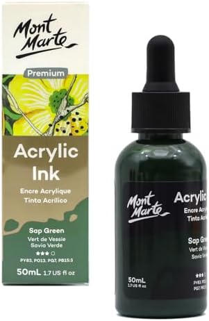 Mont Marte Acrylic Ink Premium 50ml - Sap Green, Acrylic Inks for Artists, Fluoro Colors, Ideal for Air Brush, Pouring Art, Scrapbooking, Ink Drawing, Mixed Media